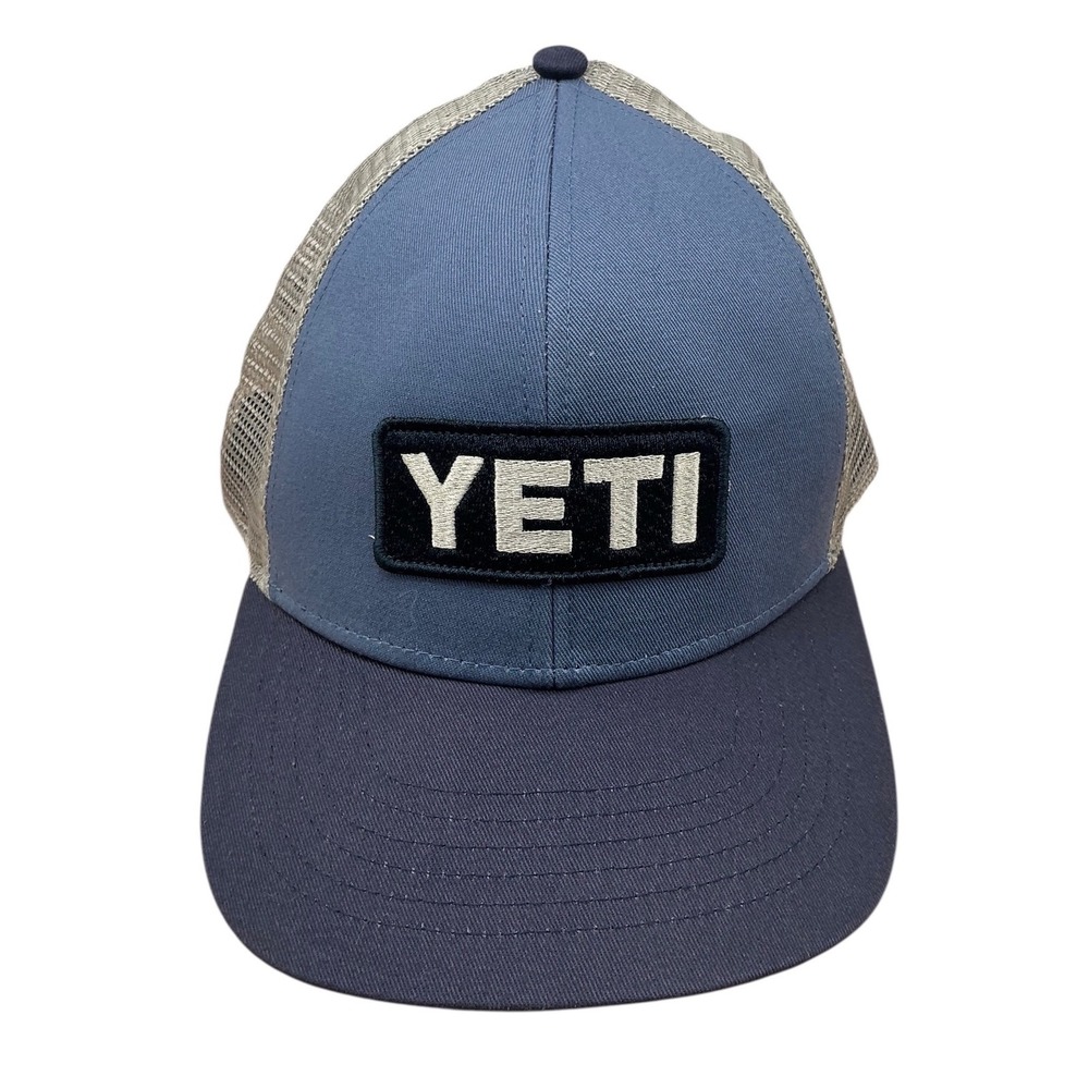 YETI Trucker Hat Blue Grey Mesh Snapback Logo Patch Built For The Wild Cap